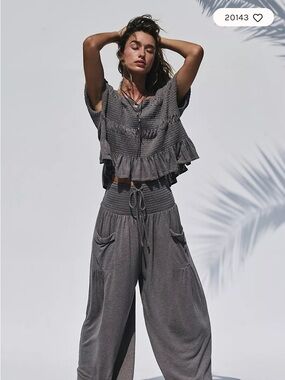 Free People Gray Smocked Wide-Leg Two-Piece Set